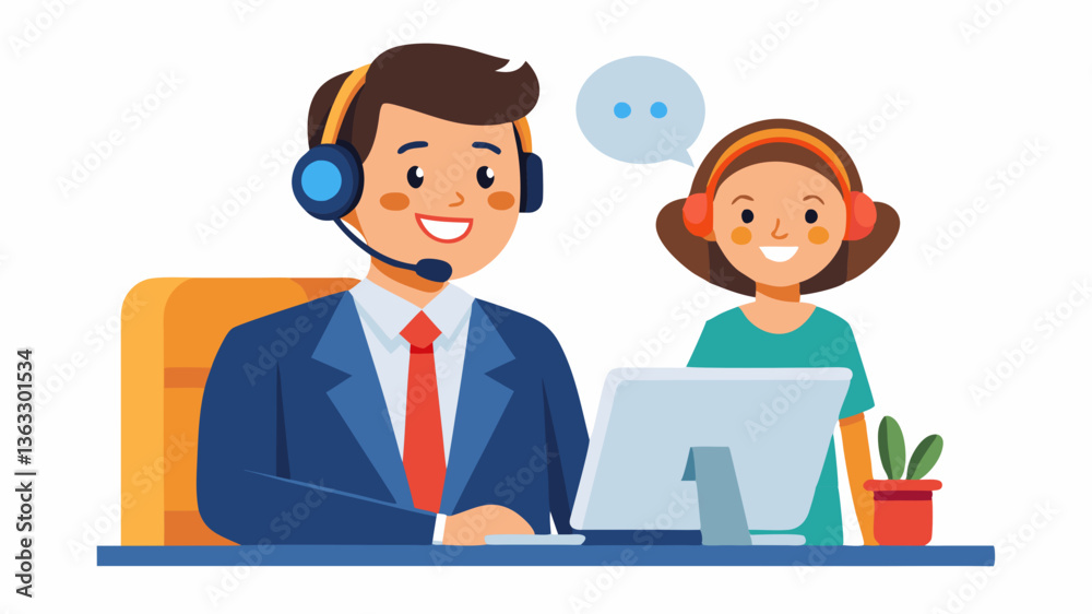Vector customer service agent with headset smiling while assisting a client professionally Vector customer service agent with headset smiling while assisting a client professionally