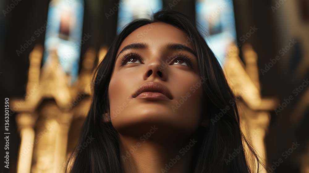 Obraz premium Young woman gazes upward in a church, admiring intricate architecture and stained glass details during a quiet moment