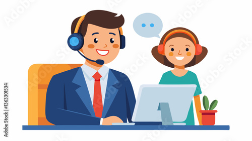 Vector customer service agent with headset smiling while assisting a client professionally