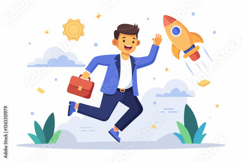 Vector excited entrepreneur launching a new startup company with innovation and business strategy