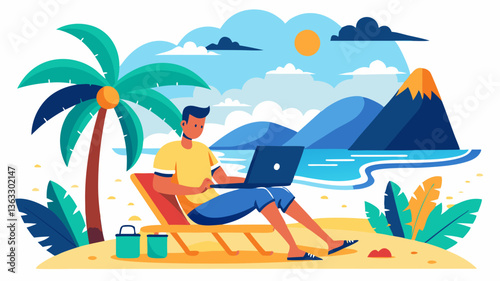 Vector freelancer working remotely on a laptop while relaxing on a tropical beach
