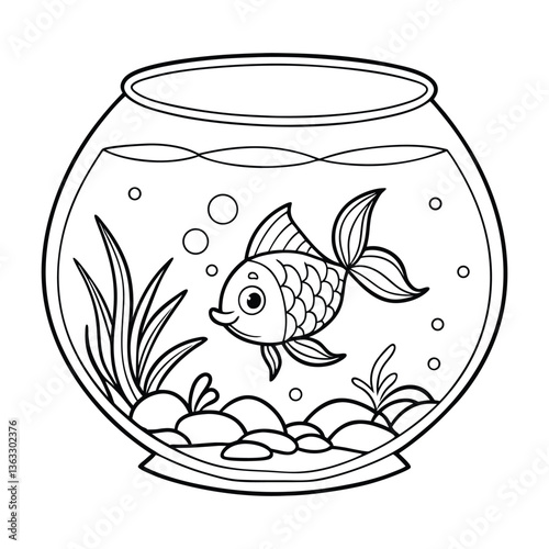 Cute goldfish swimming in a transparent round glass coloring page for kids