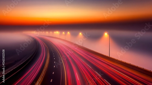 Highway Traffic at Dusk with Light Streaks and Foggy Horizon