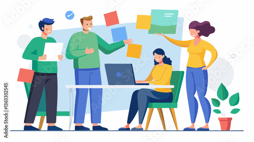 Vector group of coworkers brainstorming ideas and pointing at sticky notes for a business project
