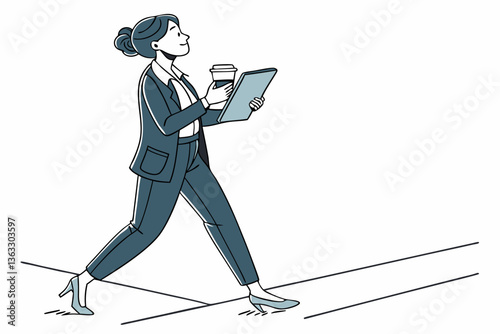 Vector professional woman confidently walking while carrying a tablet and coffee cup for business work