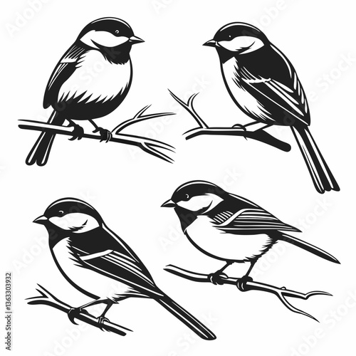 chickadee icon set black silhouette vector bundle