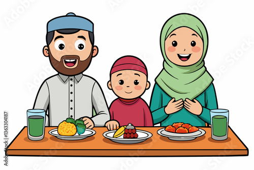 Muslim family vector illustration breaking fast together during Ramadan with happiness

