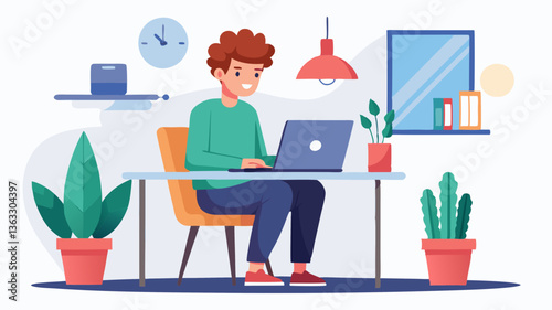 Vector young entrepreneur working on a laptop in a modern coworking office environment