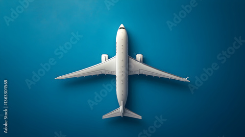 Explore travel opportunities with a white airplane on a blue background. Generative AI