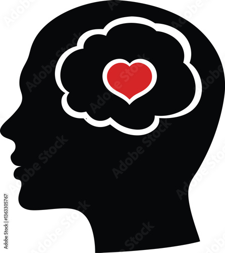 Human silhouette profile with heart symbol illustrates the mind's love concept