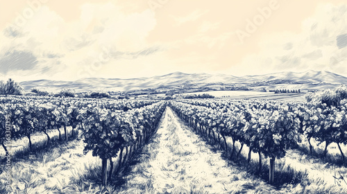  Vintage-style monochrome vineyard illustration with rows of grapevines leading to distant hills, ideal for wine labels, agricultural prints, rural landscapes, and classic branding