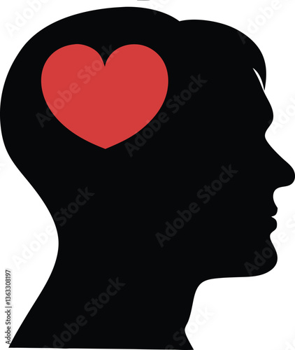 Silhouette of a human head with a heart symbol representing love and thought