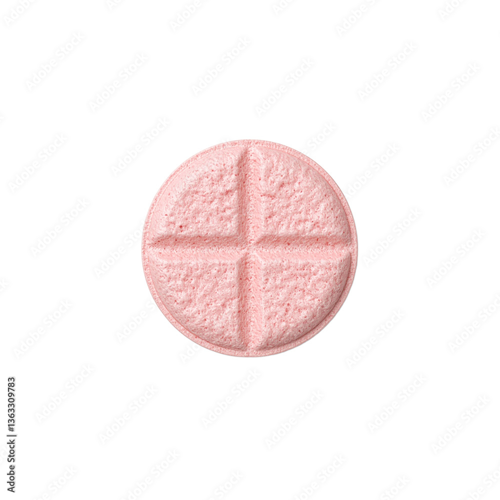 A close up of a small round pastel pink birth control pill with a slight indentation resting on a white surface A close up of a small round pastel pink birth control pill with a slight indentation resting on a white surface