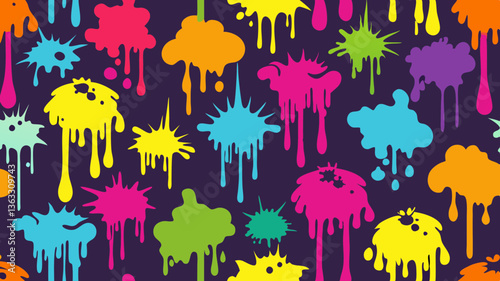 Graffiti spray paint seamless vector pattern with ink splatters and dripping paint streaks creating a bold urban texture.