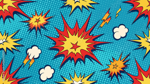 Comic book explosion seamless vector pattern with pop-art bursts, halftone dots, and dynamic energy effects.