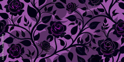 Vector gothic floral seamless pattern with black roses, swirling vines, and dark purple leaves for eerie botanical designs