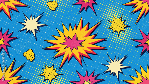 Comic book explosion seamless vector pattern with pop-art bursts, halftone dots, and dynamic energy effects.