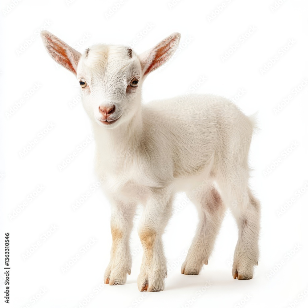 Fototapeta premium Playful baby goat with short soft fur and perked up ears standing curiously isolated on a white background 