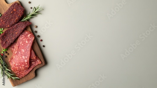 assortment of gourmet meat snacks including jerky and salami artfully arranged on rustic wooden board surrounded by