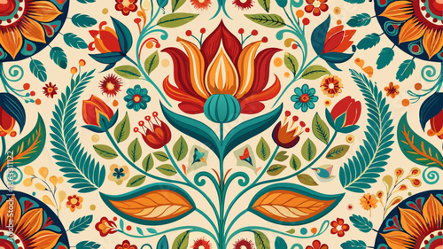 Intricate bohemian folk art floral seamless vector pattern with ornamental tulips, paisley leaves, and swirling vines in an ethnic embroidery style.