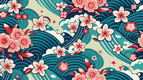 Japanese wave and cherry blossom seamless vector pattern with stylized sakura flowers and traditional geometric wave designs.