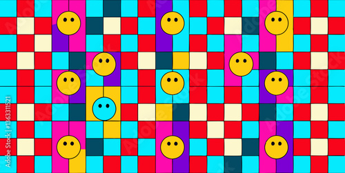 Retro checkered smiley face seamless pattern vector with 80s-inspired colorful happy emoticons in a fun geometric grid
