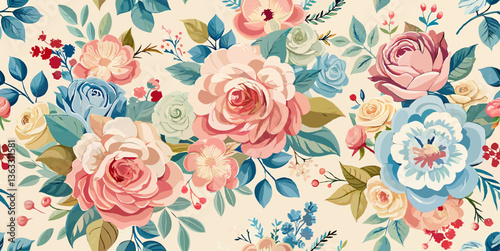 Romantic vintage rose bouquet seamless vector pattern with hand-painted roses, peonies, and pastel florals in a soft, elegant style.