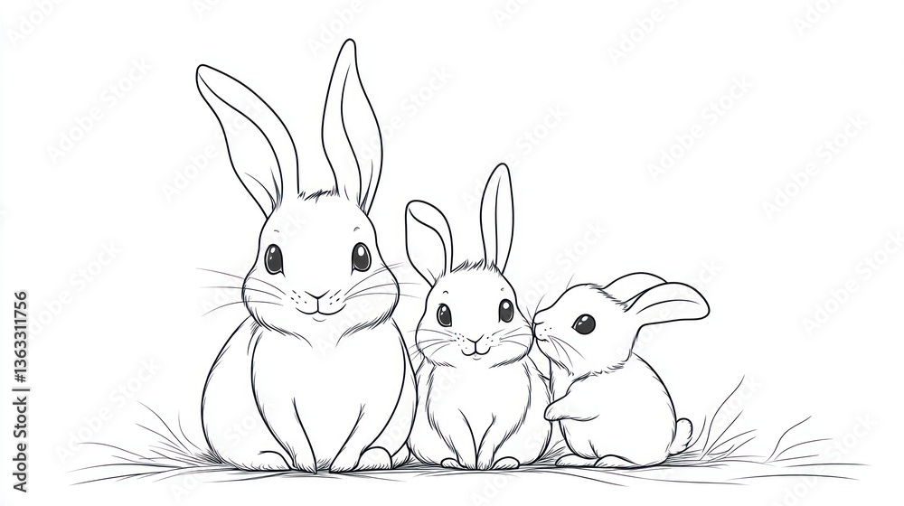 Fototapeta premium Happy rabbit family in meadow; Easter card illustration