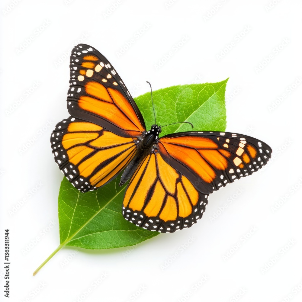 Obraz premium Delicate monarch butterfly resting on a single vibrant green leaf isolated on a white background 