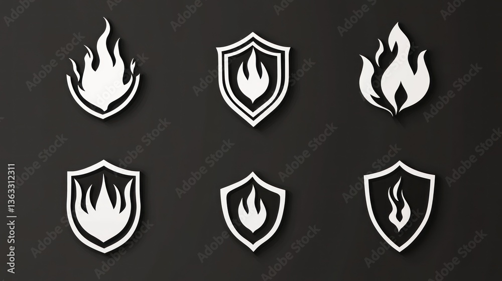 Fire shield logo design variations, dark background, graphic design asset Fire shield logo design variations, dark background, graphic design asset