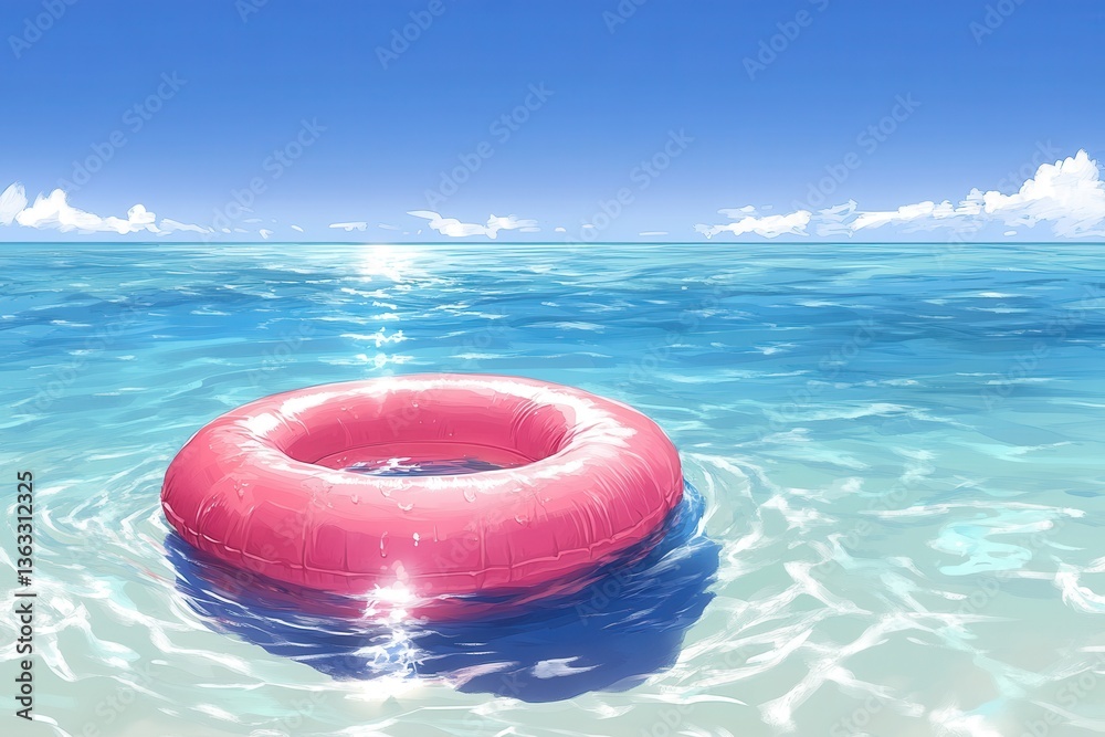 Serene Ocean Escape Pink Inflatable Ring Floating on Calm Waters Under Bright Sky Summer Vacation Serene Ocean Escape Pink Inflatable Ring Floating on Calm Waters Under Bright Sky Summer Vacation