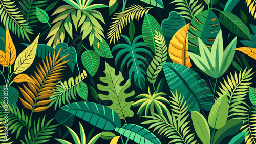 Tropical jungle leaves seamless vector pattern with repeating palm fronds, banana leaves, and exotic ferns in a rainforest texture.
