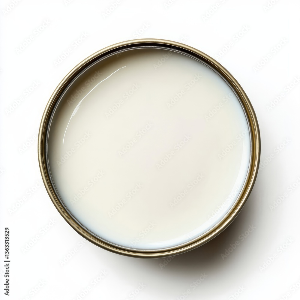 Opened can of coconut milk with a smooth creamy surface isolated on a white background Opened can of coconut milk with a smooth creamy surface isolated on a white background