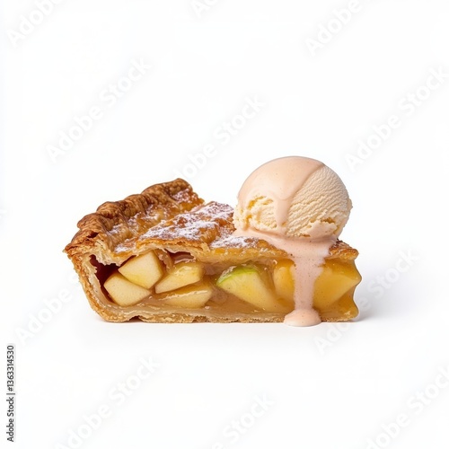 Elegant A slice of homemade apple pie with a golden flaky crust and a scoop of melting vanilla ice cream isolated on a white background 