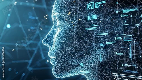 Futuristic digital representation of a human face with data overlays and abstract connections
