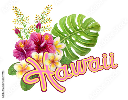 Hawaii sign inscription. Tropical hand drawn watercolor painting with  hibiscus rose flowers, frangipani and palm leaves. Design  element. Hawaiian greeting.