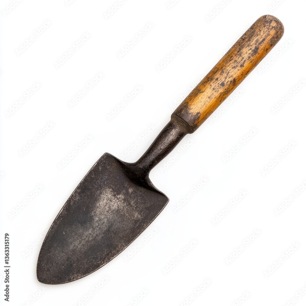 Old fashioned iron garden trowel with a weathered wooden handle isolated on a white background Old fashioned iron garden trowel with a weathered wooden handle isolated on a white background