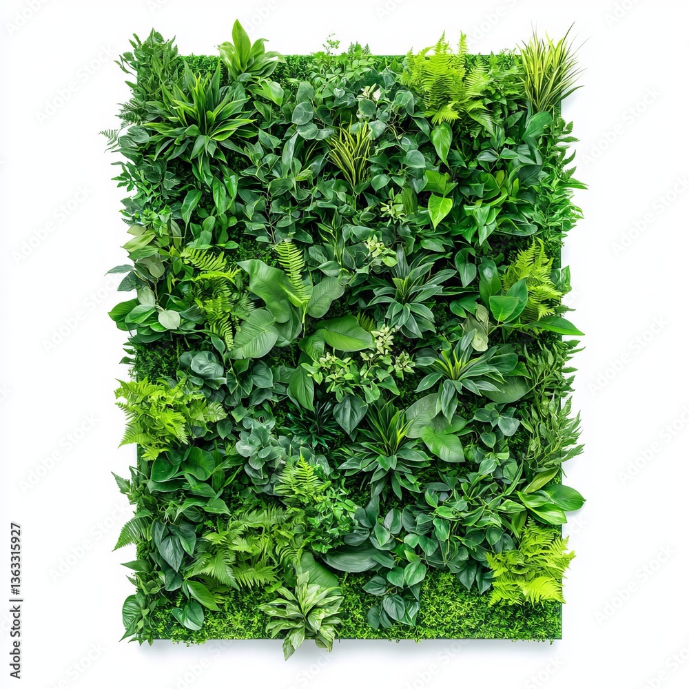 Obraz premium Vertical garden wall panel with lush green plants arranged in a modern pattern isolated on a white background 