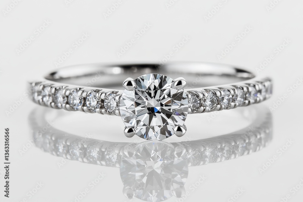 Elegant diamond engagement ring with sparkling accents on a reflective surface a symbol of love and commitment presented in a clean and modern style Elegant diamond engagement ring with sparkling accents on a reflective surface a symbol of love and commitment presented in a clean and modern style