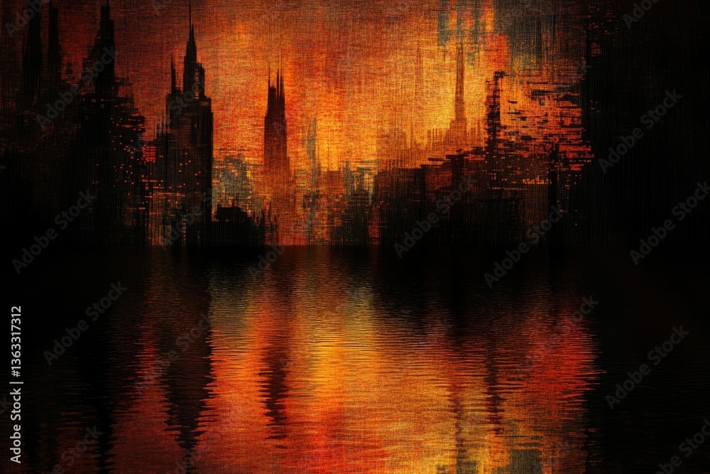 Obraz premium A dystopian city skyline reflected in fiery water, evoking a sense of post-apocalyptic drama and mystery.