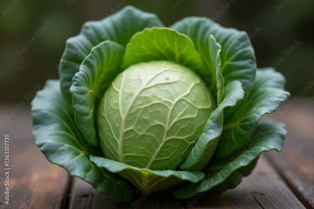 Obraz premium Fresh green cabbage with crispy leaves and dew on a wide wooden farm table with copying space 