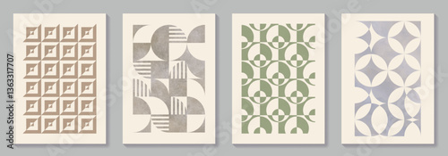 Abstract geometric bauhaus patterns background vector set with texture. Minimalist template for interior, cover, flyer, ads. Modern printable posters. Vintage vector illustrations.