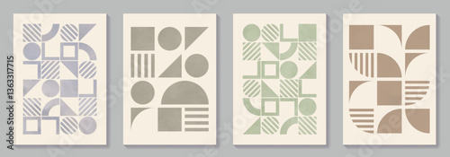 Abstract geometric bauhaus patterns background vector set with texture. Minimalist template for interior, cover, flyer, ads. Modern printable posters. Vintage vector illustrations.