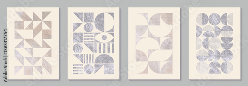 Abstract geometric bauhaus patterns background vector set with texture. Minimalist template for interior, cover, flyer, ads. Modern printable posters. Vintage vector illustrations.