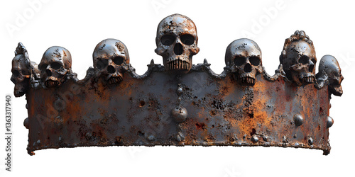 Rusty Skull Crown: A macabre masterpiece of decayed royalty, a crown of skulls and rust, symbolizing death and power.