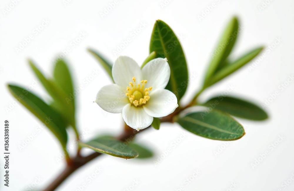 Obraz premium Close-up of tea tree flower with white petals. Fresh green leaves, yellow pollen. Isolated on white. Melaleuca plant on a branch. Nature, health, essential oils. Generative AI.