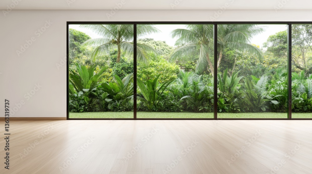 Fototapeta premium Tropical Garden View Room Interior Design, Minimalist, Nature ,Palm trees