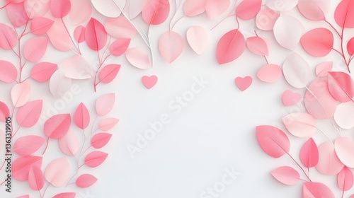 Pink Paper Leaves and Hearts Frame 3D Render, Valentine's, Romantic ,love,design