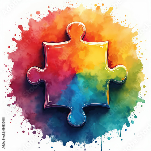 Colorful puzzle piece on watercolor background. Symbol of autism, unity, diversity. Spectrum of colours red, orange, yellow, green, blue, purple. Creative design for awareness campaign, card, poster photo