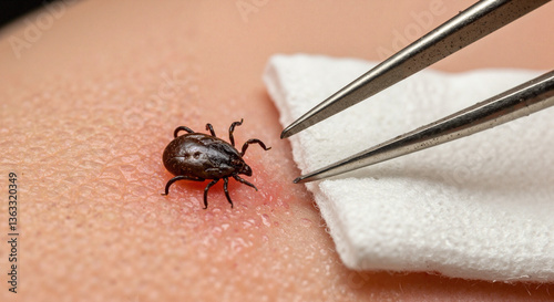 Tick removal from skin using tweezers and gauze  